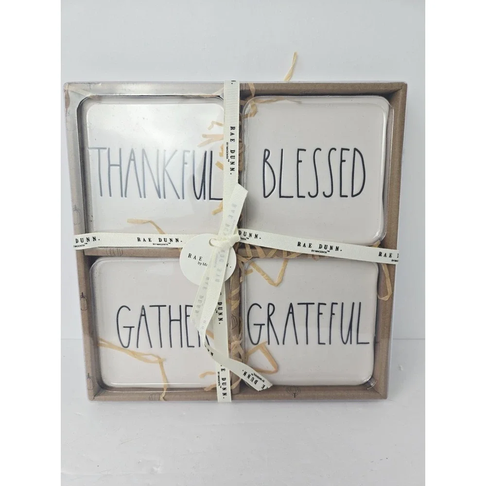 Rae Dunn Coaster set of 4 Thankful Blessed Gather Grateful NEW